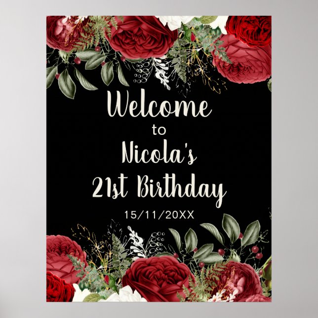 Elegant Christmas Red Flowers Birthday Party Poster (Framsidan)