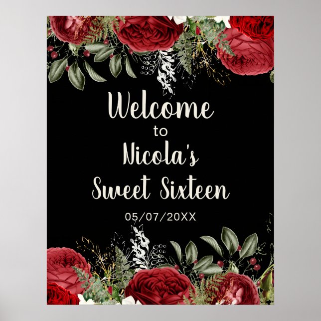 Elegant Christmas Red Flowers Sweet Sixteen Poster (Framsidan)