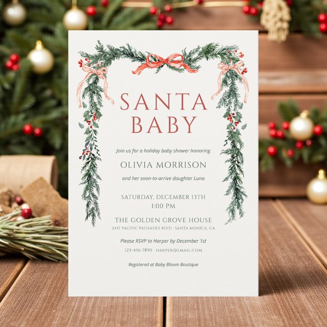 Elegant Christmas Santa Baby Red Bow Baby Shower Inbjudningar (Skapare uppladdad)