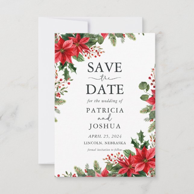 Elegant Christmas Save the Date with Poinsettias Spara Datumet (Framsida)