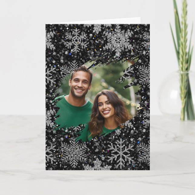 Elegant Christmas snowflakes personalize photo  Kort (Framsida)