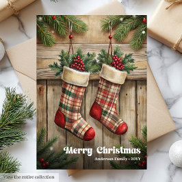 Elegant Christmas stocking rustic holly berries Julkort