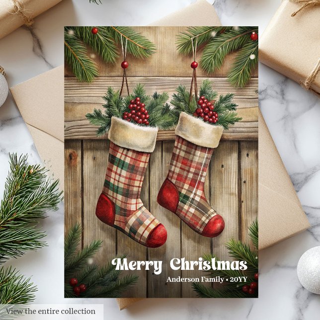 Elegant Christmas stocking rustic holly berries Julkort (Elegant Christmas stocking rustic holly berries Holiday Card)