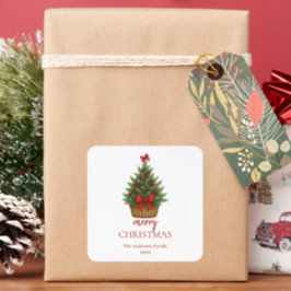 Elegant Christmas Tree – Red Ribbon Fyrkantigt Klistermärke