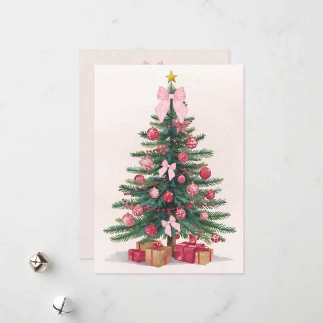 Elegant Christmas Tree with Pink Bows Holiday Card Julkort (Fram/Back In Situ)