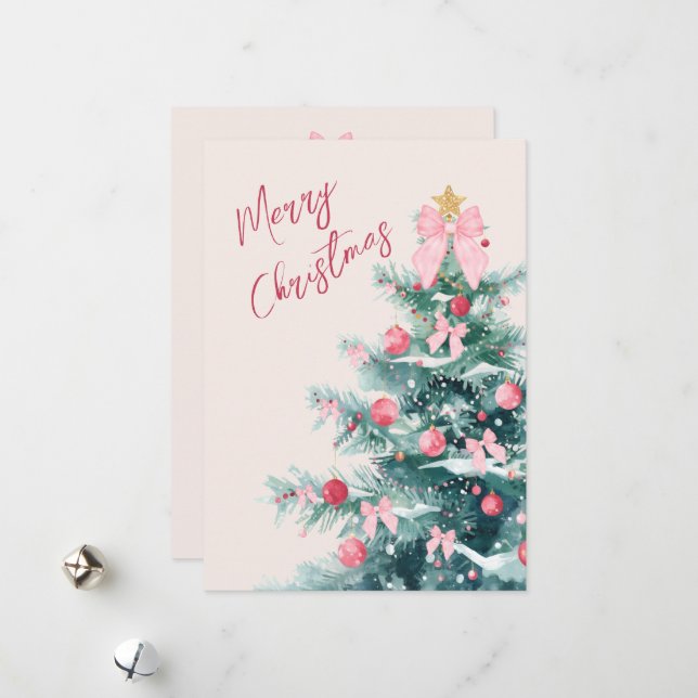 Elegant Christmas Tree with Pink Bows Holiday Card Julkort (Fram/Back In Situ)