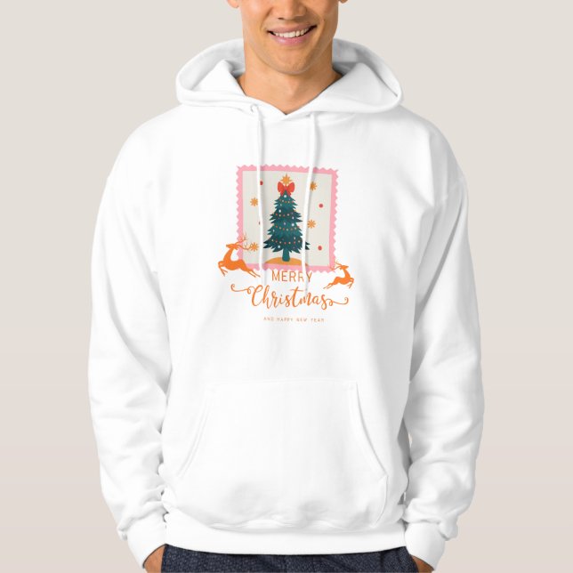 🎄 Elegant Christmas Tree with Reindeers – Merry Hoodie (Framsida)