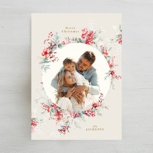 elegant christmas, vattenfärg, ovalt foto av blad julkort