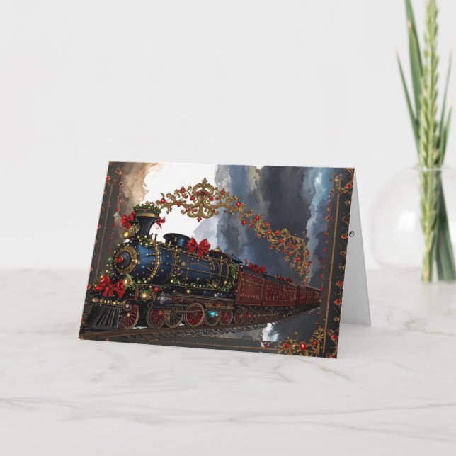 Elegant Christmas Victorian Steampunk Steam Train  Helgkort (Framsida)