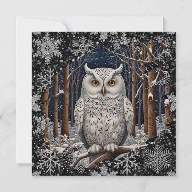 Elegant Christmas white owl woodland winter forest Kort (Framsida)