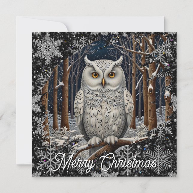 Elegant Christmas white owl woodland winter forest Kort (Framsida)
