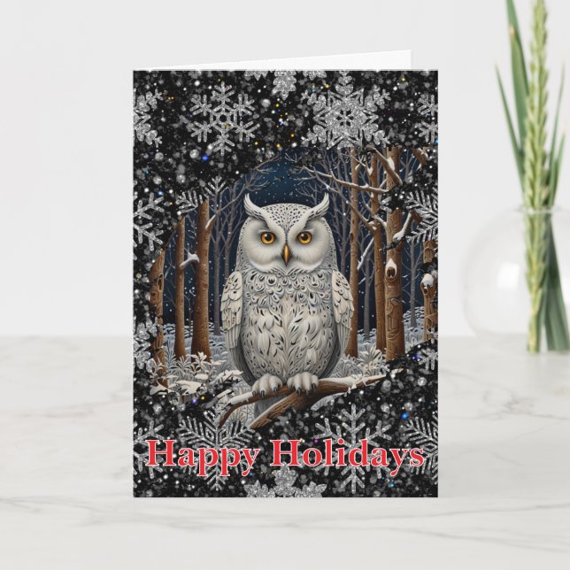 Elegant Christmas white owl woodland winter forest Kort (Framsida)