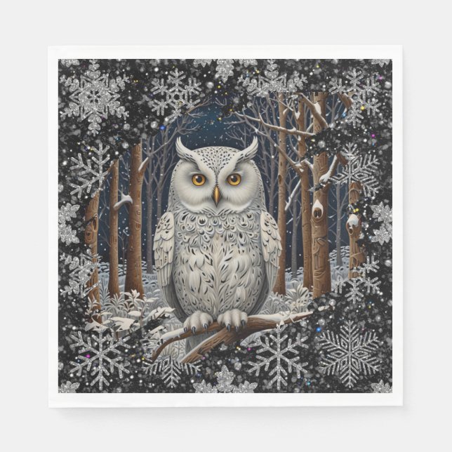 Elegant Christmas white owl woodland winter forest Pappersservett (Framsidan)