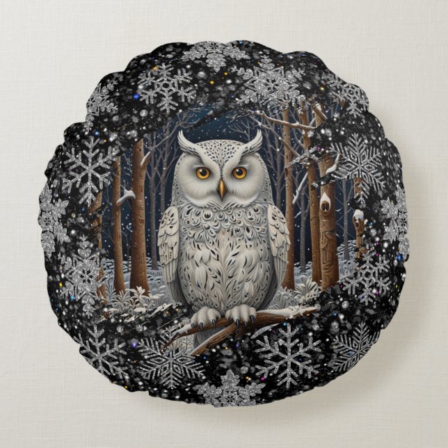 Elegant Christmas white owl woodland winter forest Rund Kudde (Framsidan)