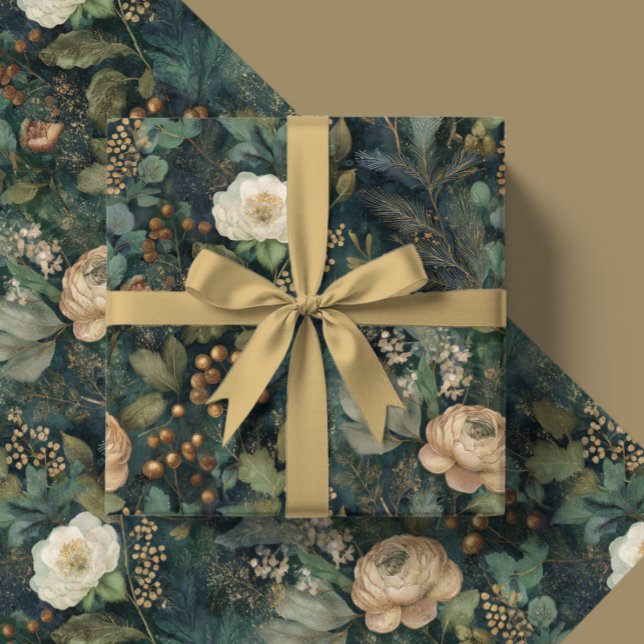 Elegant Christmas Winter Green and Cream Floral Presentpapper (Skapare uppladdad)