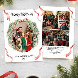 Elegant Christmas Wreath Bow Custom Family Photo Julkort