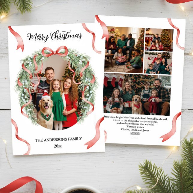 Elegant Christmas Wreath Bow Custom Family Photo Julkort (Skapare uppladdad)
