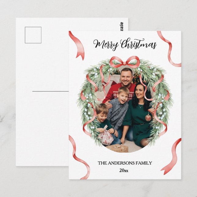 Elegant Christmas Wreath Bow Custom Family Photo Vykort (Fram/baksida)