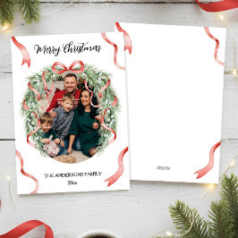 Elegant Christmas Wreath Bow Family Photo Custom Julkort