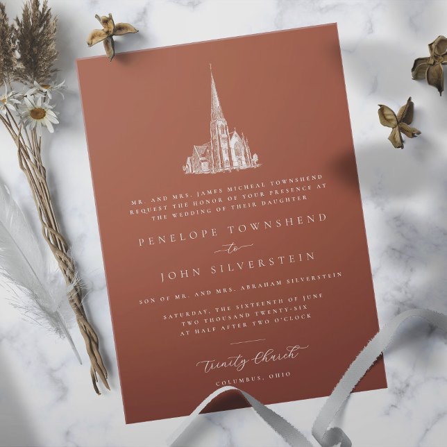 Elegant Church Illustration Orange Formal Bröllop Inbjudningar (Burnt orange formal wedding invitation with an illustration of a church)