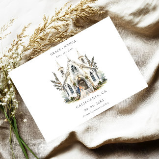 Elegant Church Watercolor Venue Manor Wedding Spara Datumet