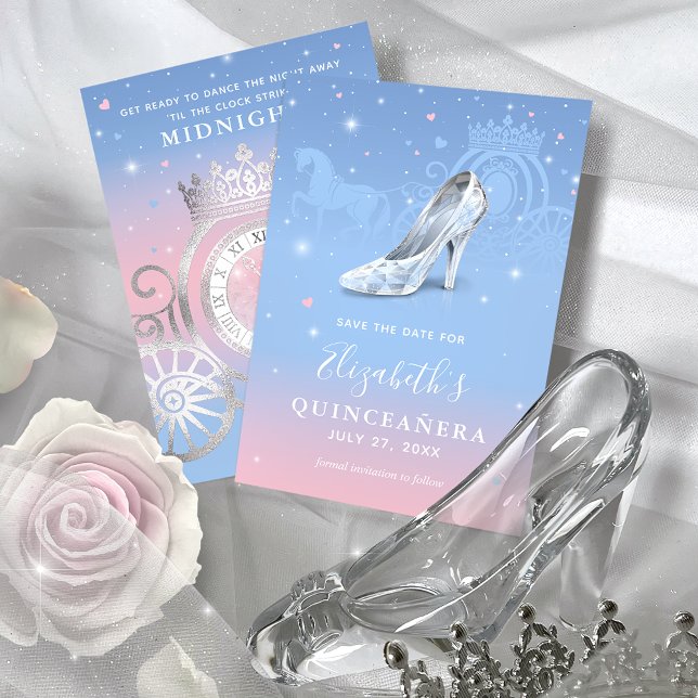 Elegant Cinderella Light Blue och Rosa Quinceanera Spara Datumet (Light blue and pink quinceanera save the dates that will bring a touch of magic to your special day!)