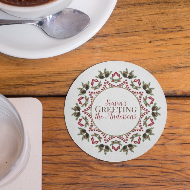 Elegant Circle Helgdag Botanical Mandala Anpassnin Underlägg (Christmas holiday Season's Greetings red and green leaves paper coaster)