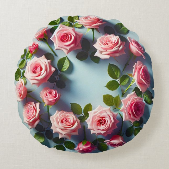 Elegant cirkulär anordning av rosa rosor rund kudde (Framsidan)