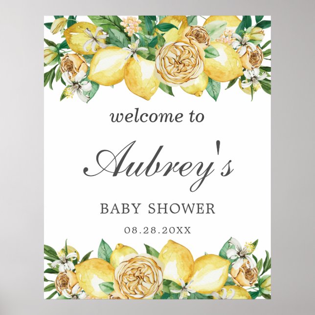 Elegant citron blommig grönska Baby Shower Välkomm Poster (Framsidan)