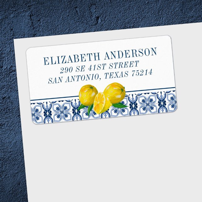 Elegant Citronfärgad Italiensk Blå Kakel  Adressetikett (So pretty to decorate your envelope before sending out your lemon bridal shower invitations)
