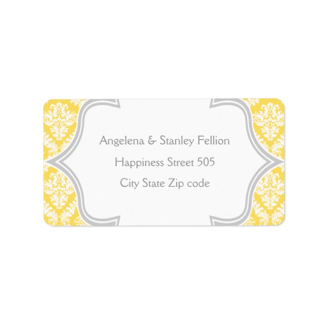 Elegant citrongult, grått damaskbröllop adressetikett (Framsidan)