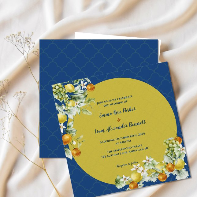 Elegant Citrus Blå Guld Blommig Bröllop Inbjudningar (Elegant Citrus Blue Gold Floral Wedding Invitation)