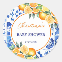 Elegant Citrus Blue Tiles Baby Shower Runt Klistermärke