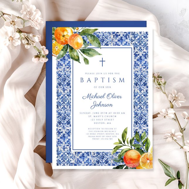 Elegant Citrus Blue Tiles Religiösa Boy Baptism Inbjudningar (Elegant Citrus Blue Tiles Religious Boy Baptism Invitation)