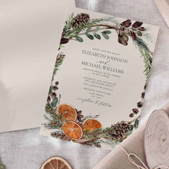 Elegant Citrus Boho Greenery Winter Wedding Inbjudningar (Easily personalize this formal bohemian citrus invitation for the perfect fall or winter wedding)
