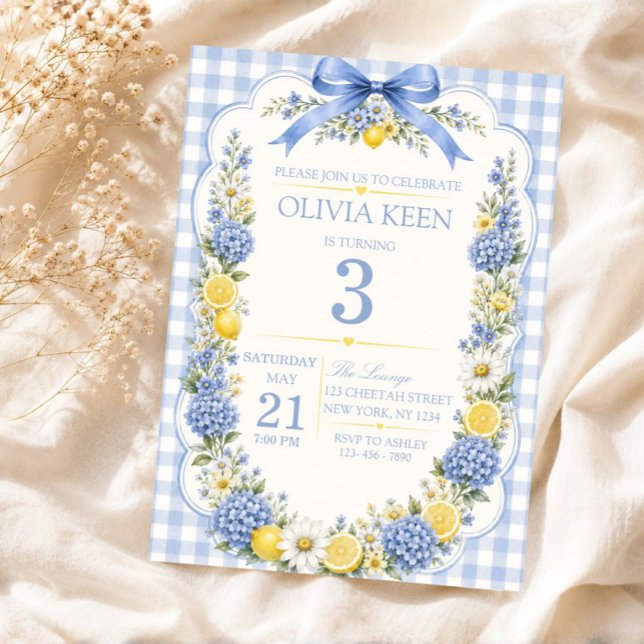 Elegant Citrus Gingham Blå Hortensia Citron Inbjudningar (Gingham Summer Birthday Invite, Lemon Theme Invite, Hydrangea Theme Invite)