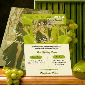 Elegant Citrus Grön Elfenbensöverlägg Foto Bröllop Inbjudningar