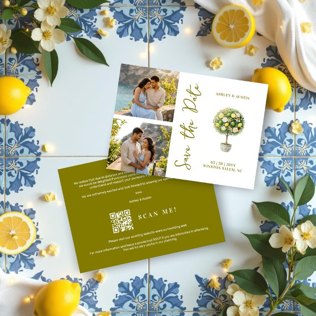 Elegant Citrus Mediterranean Topiary 2-Photo Spara Datumet (Elegant Citrus Mediterranean Topiary 2-Photo Wedding Save the Date Cards with Back Modern QR Code. )