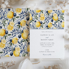Elegant Citrus och Blue Botanical Bröllop Inbjudningar
