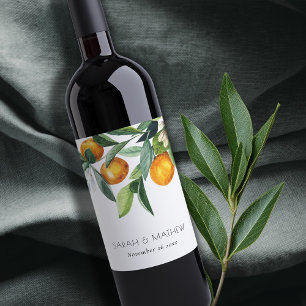 Elegant Citrus Orange Botanical Boho Bröllop Vinflaska Etikett