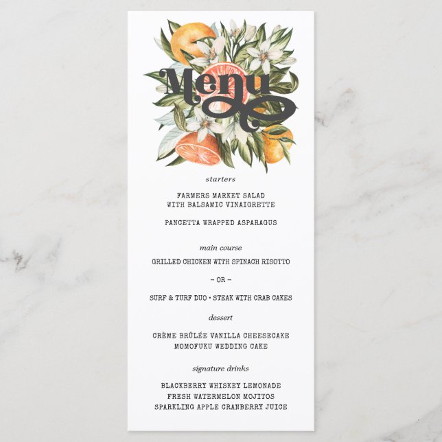 Elegant Citrus Orchard Boho Botanical Bröllop Menu Meny (Framsida)
