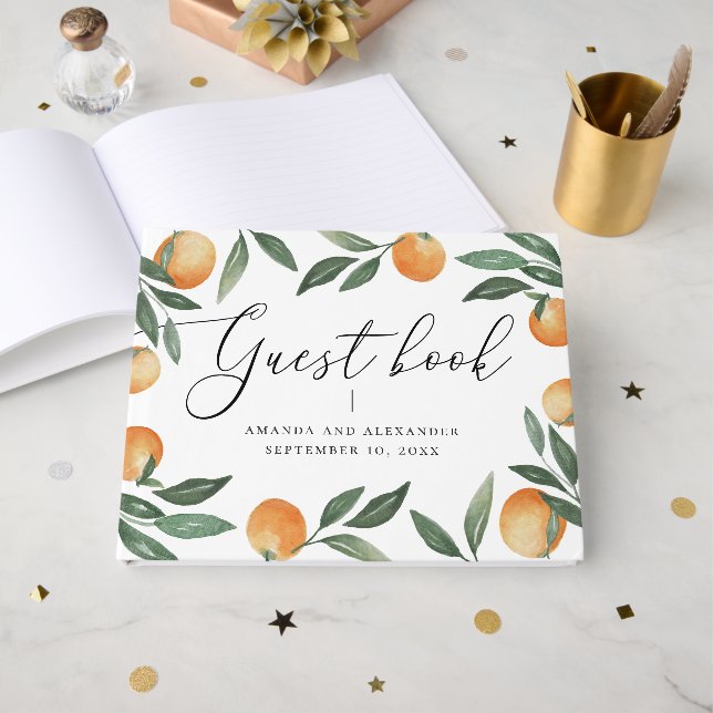 Elegant Citrus Wedding | Watercolor Summer Orange Gästböcker (Framsida Öppen)