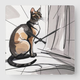 Elegant City Cat Looking Out The Window Minimalism Fyrkantig Klocka