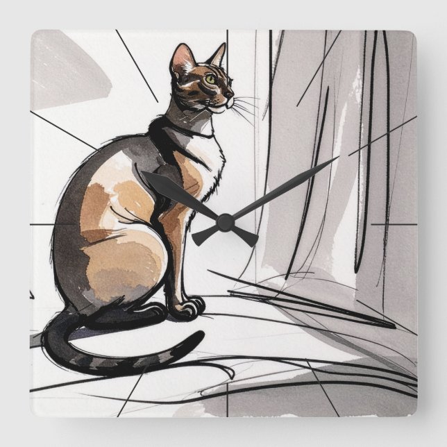 Elegant City Cat Looking Out The Window Minimalism Fyrkantig Klocka (Framsida)