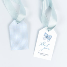 Elegant Clasic Gingham Blue Bow Baby Shower Tack Presentetikett