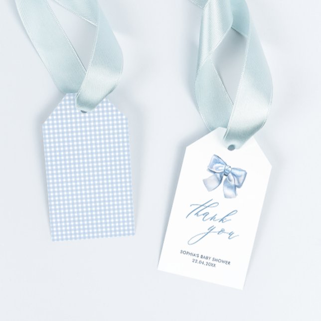 Elegant Clasic Gingham Blue Bow Baby Shower Tack Presentetikett (Skapare uppladdad)