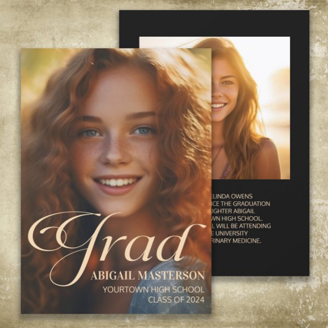 Elegant Class of 2024 Photo Grad Studenten (2-photo graduation announcement card printed on both sides)