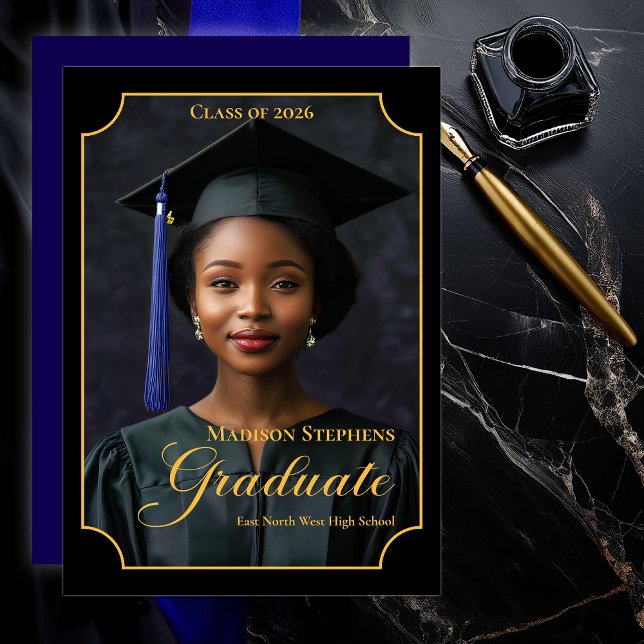 Elegant Class of 2026 Portrait Graduation Meddelande (Luxury Black & Gold Portrait Graduation Announcement with Ornate Frame and Script Typography - Blue)