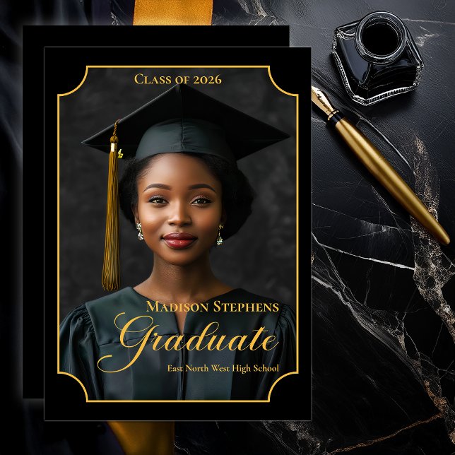 Elegant Class of 2026 Portrait Graduation Meddelande (Luxury Black & Gold Portrait Graduation Announcement with Ornate Frame and Script Typography - Black)
