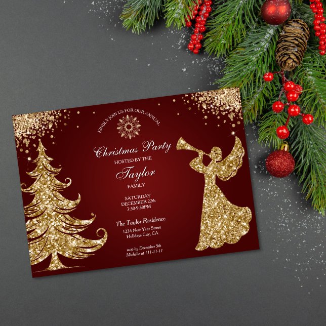Elegant Classic Angel Christmas Dinner Party Inbjudningar (gold glitter trumpet angel Christmas party invitation with red background)
